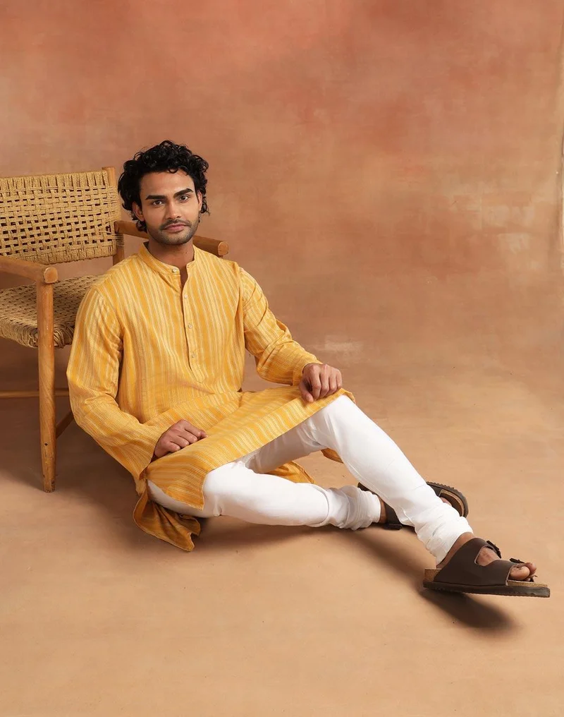 Fabindia Mustard Cotton Dobby Stripe Long Kurta