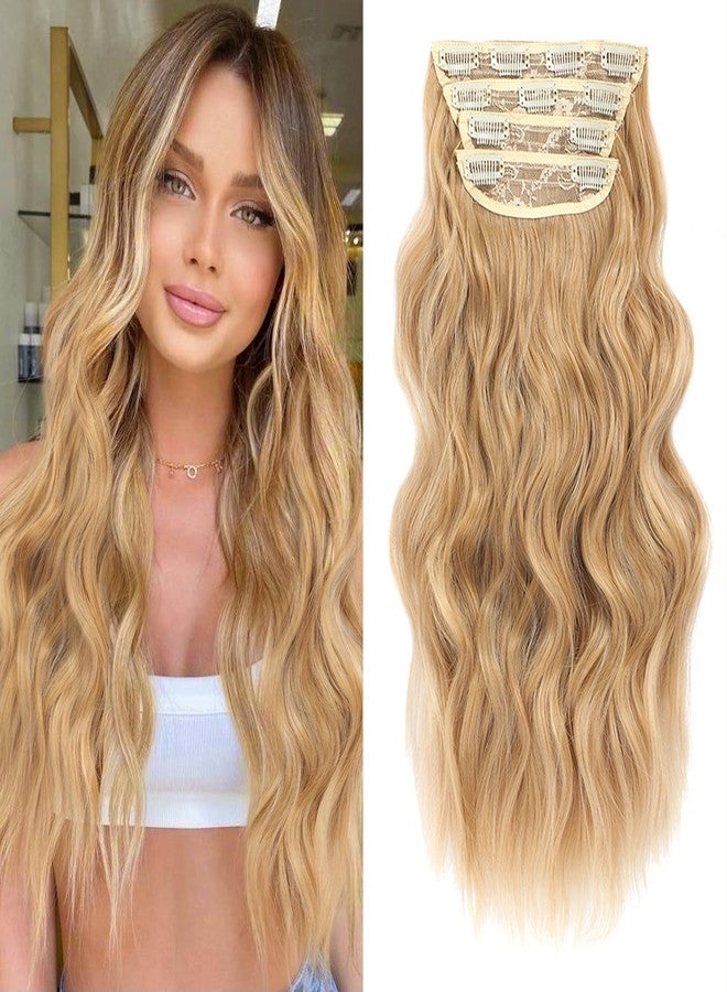NAYOO Honey Blonde Clip In Hair Extensions 4PCS Wavy Curly Hair Extensions Synthetic Fiber Double Weft Soft Hairpieces For Women（20 inch, Honey Blonde） - Image 1