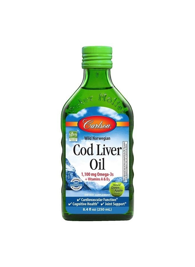 Carlson - Cod Liver Oil, 1100 mg Omega-3s, Plus Vitamins A and D3, Wild Caught Norwegian Arctic Cod Liver Oil, Sustainably Sourced Nordic Fish Oil Liquid, Green Apple, 250 mL (8.4 Fl Oz) - Image 1