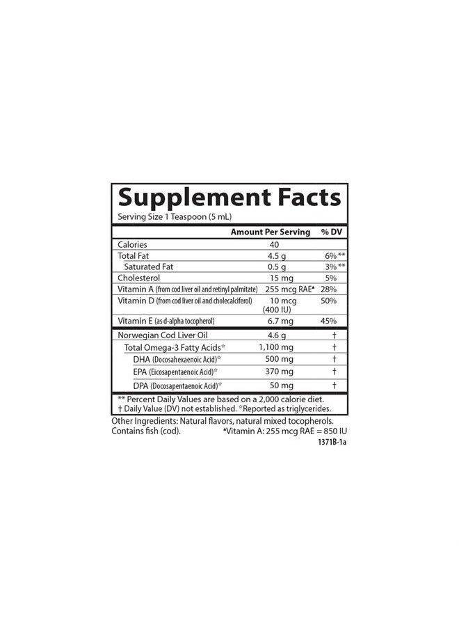 Carlson - Cod Liver Oil, 1100 mg Omega-3s, Plus Vitamins A and D3, Wild Caught Norwegian Arctic Cod Liver Oil, Sustainably Sourced Nordic Fish Oil Liquid, Green Apple, 250 mL (8.4 Fl Oz) - Image 1