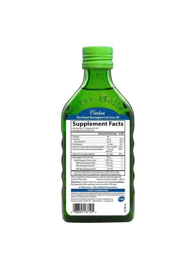 Carlson - Cod Liver Oil, 1100 mg Omega-3s, Plus Vitamins A and D3, Wild Caught Norwegian Arctic Cod Liver Oil, Sustainably Sourced Nordic Fish Oil Liquid, Green Apple, 250 mL (8.4 Fl Oz) - Image 1