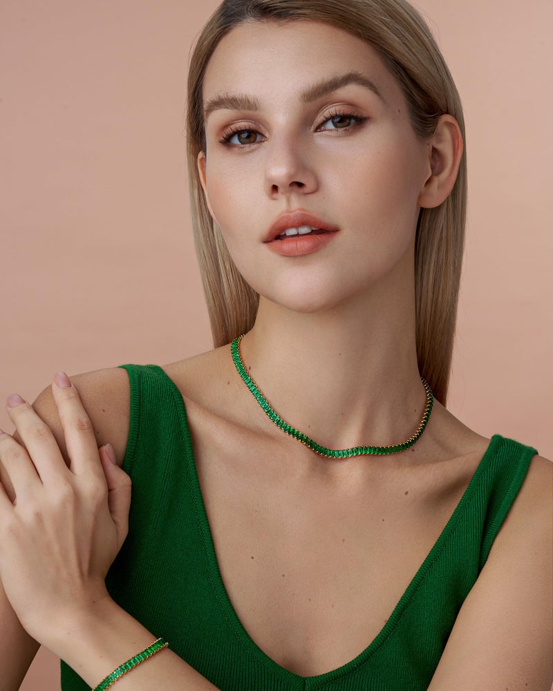 SNGIA 18K Gold Plated Emerald Choker Necklaces for Women, Green Statement Tennis Chain Choker Necklace Gift. - Image 2