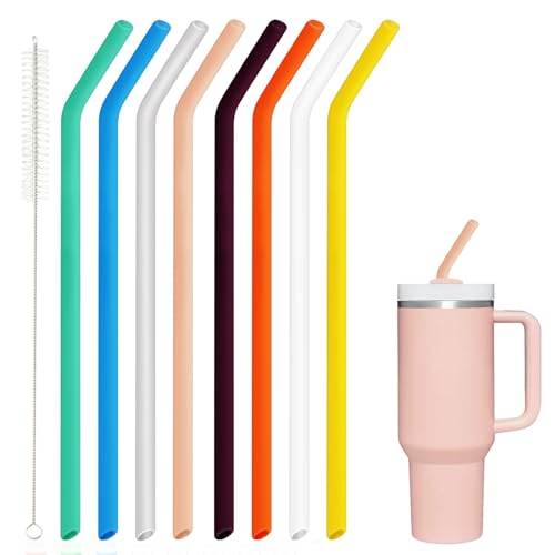 AINEEDY 8 Pack Replacement Straws for Stanley Cup 40 Oz 30oz Tumbler, 12 Inch Long 0.4" Wide Reusable Silicone Straw For Yeti/Simple Modern With 1 Cleaning Brush - 8 Colorful Bent - Image 5