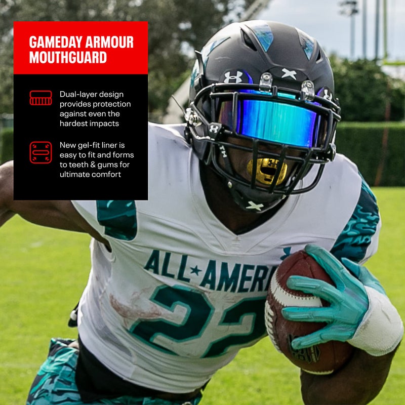 UNDER ARMOUR حارس الفم الرياضي من أندر أرمور للرياضات مثل كرة القدم، اللاكروس، كرة السلة، الهوكي، الملاكمة، MMA، الجيو جيتسو، يشمل حزام خوذة قابل للفصل، للشباب والبالغين. حارس فم أسود. - Image 3