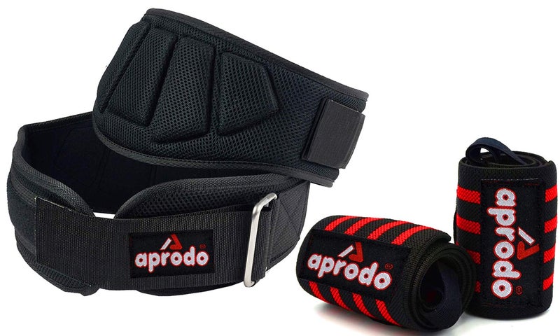 Aprodo Fitness Combo Power Nylon Weightlifting Belt with Wrist Support (1 Pair) for Men and Women (Black RED Combo, Small 28'' - 32'') - Image 1