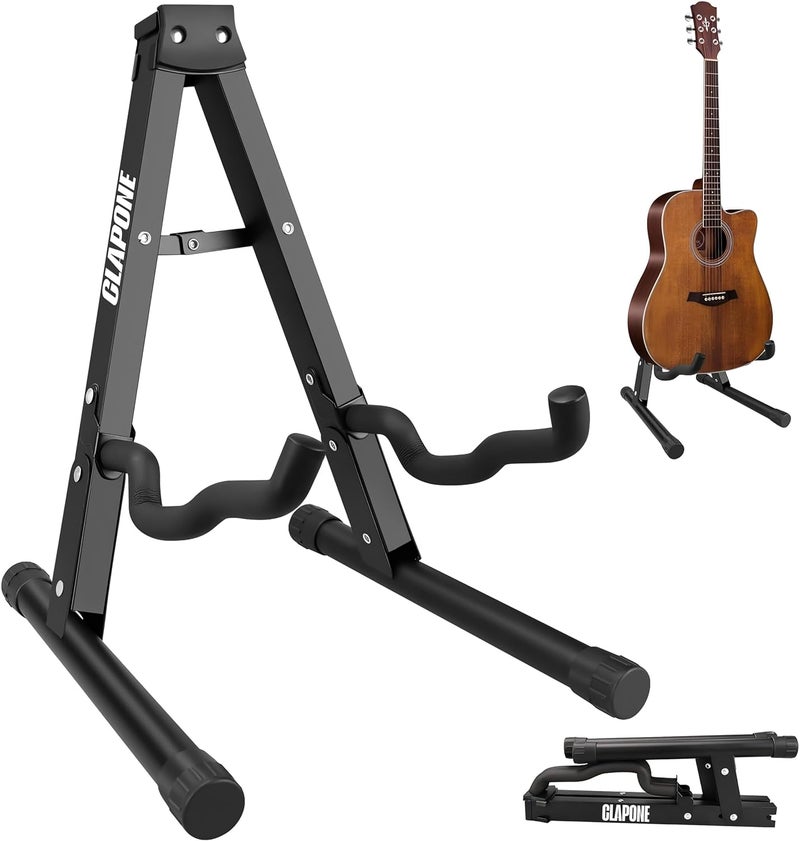 CLAPONE Guitar Stand Folding with Padded Foam Fit Acoustic Guitar, Bass Guitar, Electric Guitar, Banjo, Ukulele, Mandolin, Violin and More, Plastic (Premium Black, Folding Guitar Stand) - Image 1