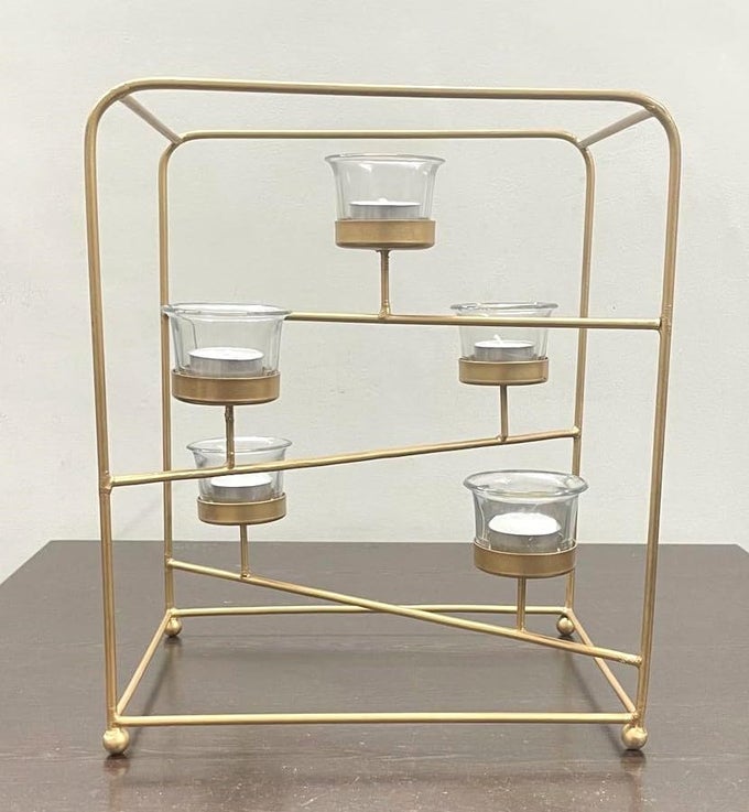 BIG SIZE GOLD COLOUR TEALIGHT CANDLE HOLDER FOR 5 TEALIGHT CANDLES HOME AND GARDEN DECOR DIWALI DECORATION FESTIVAL TEALIGHT HOLDER WITH 5 GLASSES FOR TEALIGHT