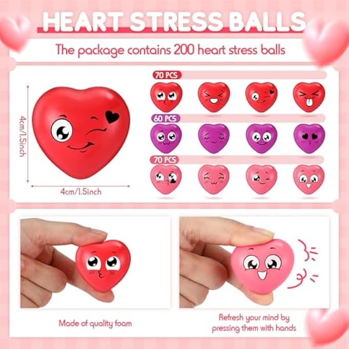 Arrowbash 200 Pcs Valentines Day Heart Stress Balls 1.5 Inch Mini Heart Stress Relief Balls Smile Face Heart Shape Foam Balls Bulk for School Carnival Reward, Valentine Party Bag Gift Fillers - Image 2