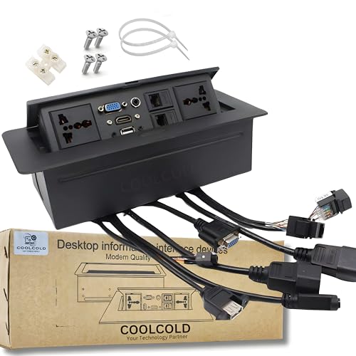 COOLCOLD 10 وحدة، كابلات هيدروليكية 8، وحدة تخزين للمكاتب، حلول توصيل لطاولات الاجتماعات، وحدة مكتب مخفية قابلة للطي مع منفذ HDMI، VGA، صوت، LAN، طاقة ومنفذ USB (أسود) - ضمان لمدة 1 سنة - Image 1
