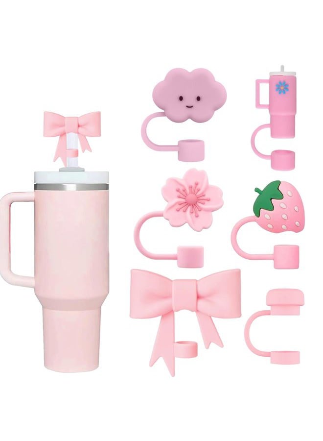 QUVIAE Pink Straw Cover Cap for Stanley Cup, 6pcs Silicone Flower Straw Toppers Compatible with 20 30 40 Oz Tumbler with Handle, 0.4in/10mm Cute Dust Proof Reusable Straws Stopper Accessories - Image 1