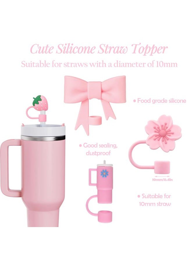 QUVIAE Pink Straw Cover Cap for Stanley Cup, 6pcs Silicone Flower Straw Toppers Compatible with 20 30 40 Oz Tumbler with Handle, 0.4in/10mm Cute Dust Proof Reusable Straws Stopper Accessories - Image 2