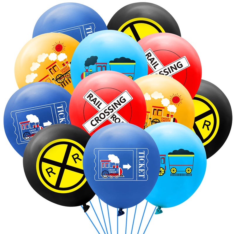 PANTIDE 52 Pcs Railroad Crossing Train Balloons Set 12 Inches Latex Balloons Bouquet with Ribbon Railway Choo Choo Steam Train Traffic Sign Party Decorations Supplies for Kids Birthday Baby Shower - Image 1