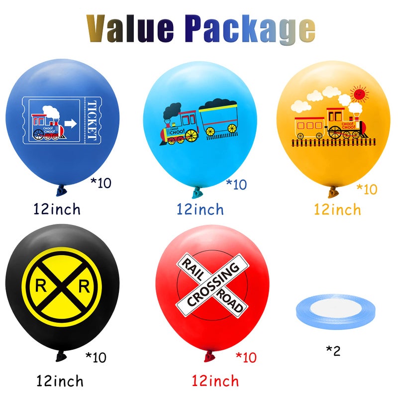 PANTIDE 52 Pcs Railroad Crossing Train Balloons Set 12 Inches Latex Balloons Bouquet with Ribbon Railway Choo Choo Steam Train Traffic Sign Party Decorations Supplies for Kids Birthday Baby Shower - Image 3