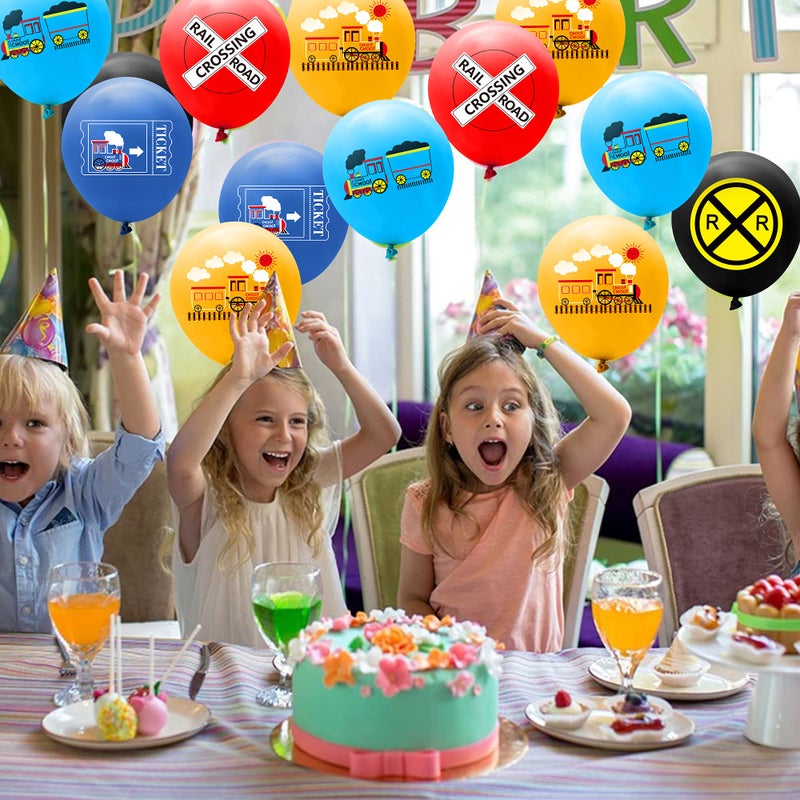 PANTIDE 52 Pcs Railroad Crossing Train Balloons Set 12 Inches Latex Balloons Bouquet with Ribbon Railway Choo Choo Steam Train Traffic Sign Party Decorations Supplies for Kids Birthday Baby Shower - Image 5