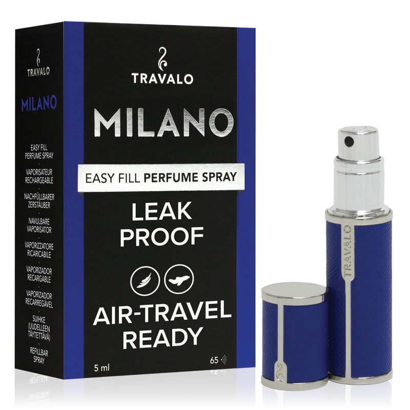 Travalo Milano Perfume Atomizer LeakProof and TSA Approved for Air Travel Reusable Airtight Easy Fill Mini Pump Sprayer Lightweight Vegan Leather with Polished Metal Outer Shell Blue