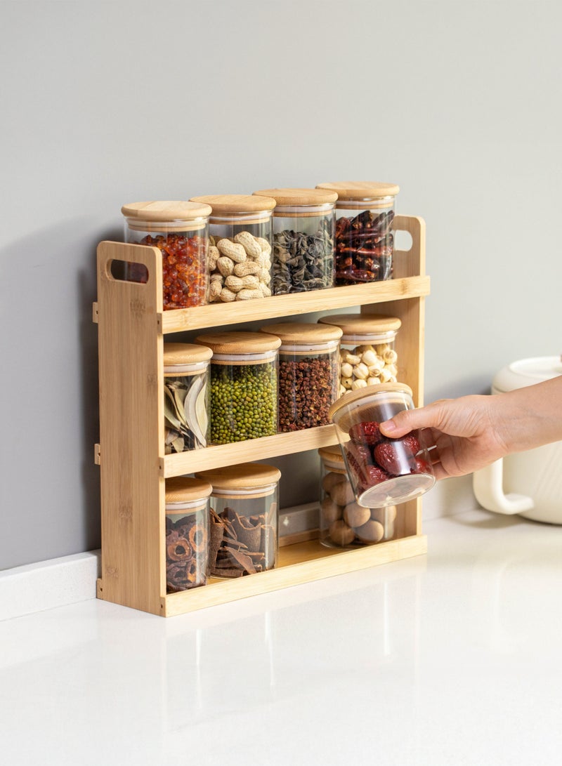 Toshionics 12-Piece Bamboo Spice Rack Organizer with 282ml Airtight Glass Jars – 3-Tier Kitchen Countertop Storage Shelf with Natural Bamboo Lids – Modern Space-Saving Spice Jar Set - Image 1
