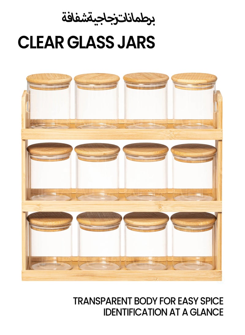 Toshionics 12-Piece Bamboo Spice Rack Organizer with 282ml Airtight Glass Jars – 3-Tier Kitchen Countertop Storage Shelf with Natural Bamboo Lids – Modern Space-Saving Spice Jar Set - Image 5