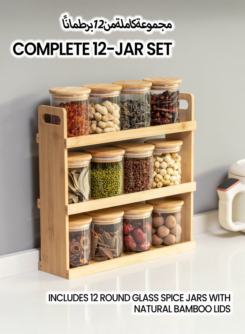 Toshionics 12-Piece Bamboo Spice Rack Organizer with 282ml Airtight Glass Jars – 3-Tier Kitchen Countertop Storage Shelf with Natural Bamboo Lids – Modern Space-Saving Spice Jar Set - Image 3