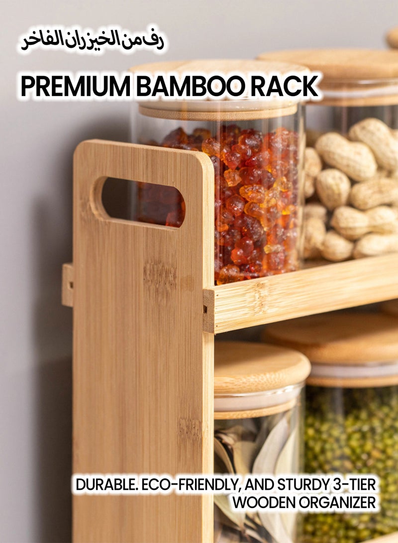 Toshionics 12-Piece Bamboo Spice Rack Organizer with 282ml Airtight Glass Jars – 3-Tier Kitchen Countertop Storage Shelf with Natural Bamboo Lids – Modern Space-Saving Spice Jar Set - Image 4
