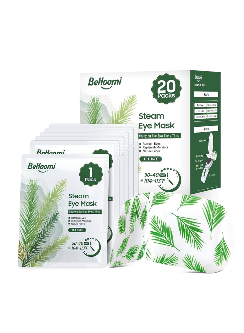 BeHoomi 20 Packs Steam Eye Mask, Heated Eye Mask Warm Compress for Eyes, Disposable Self Heating Eye Mask for Sleep, Spa, Travel Essentials & Relaxation Gifts for Women, Stocking Stuffers (Tea Tree)  - Image 1