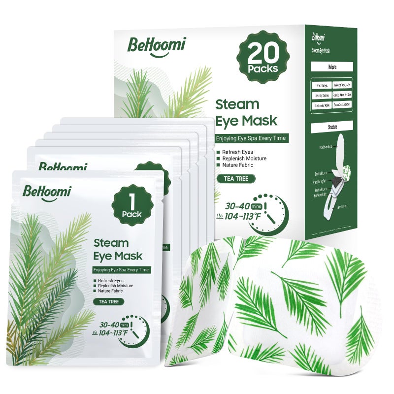 BeHoomi 20 Packs Steam Eye Mask, Heated Eye Mask Warm Compress for Eyes, Disposable Self Heating Steam Mask Sleep, Spa, Travel Essentials & Relaxation Gifts for Women, Stocking Stuffers (Tea Tree) - Image 1