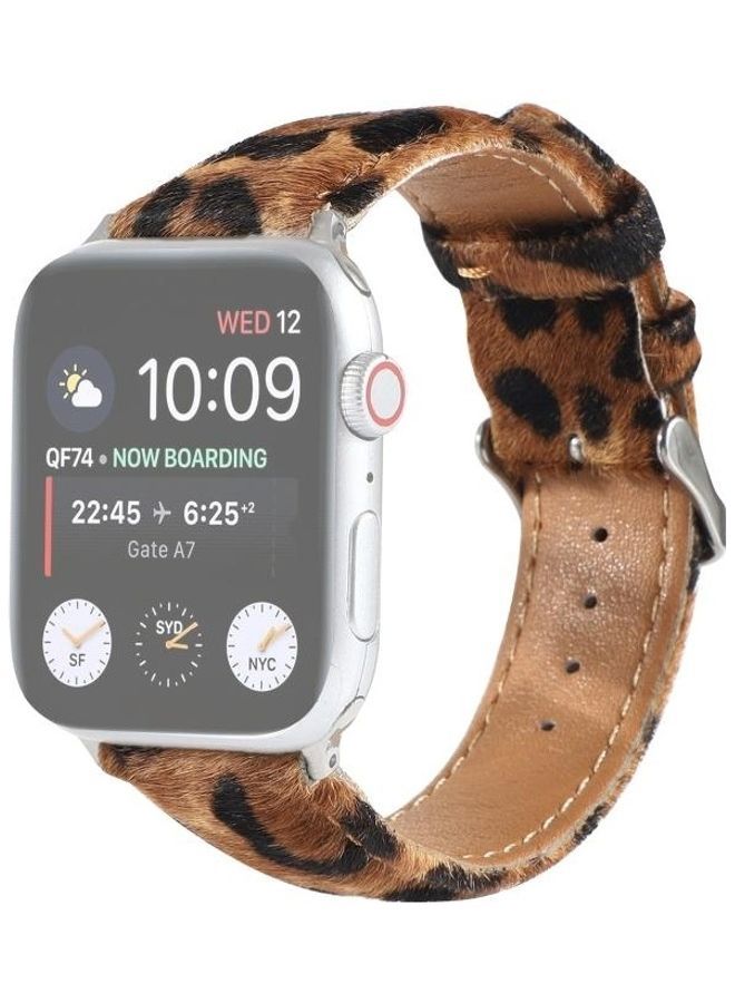 NIBEMINENT Horsehair Fluffy Leopard Print Leather Watch Strap For Apple Series 7 45mm/6 & SE 5 4 44mm/3 2 1 42mm Multicolour - Image 2
