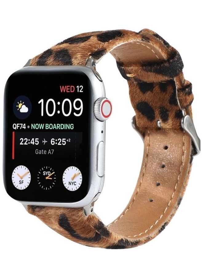 NIBEMINENT Horsehair Fluffy Leopard Print Leather Watch Strap For Apple Series 7 45mm/6 & SE 5 4 44mm/3 2 1 42mm Multicolour - Image 3