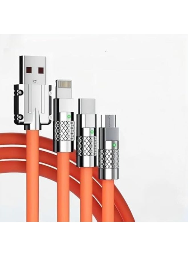 كابل شحن فائق السرعة 3 في 1 بقوة 120 واط | سلك مضفر بالنايلون عالي المتانة بطول 2 متر | شاحن عالمي متعدد المنافذ (Lightning, Type-C, Micro USB) - Image 1