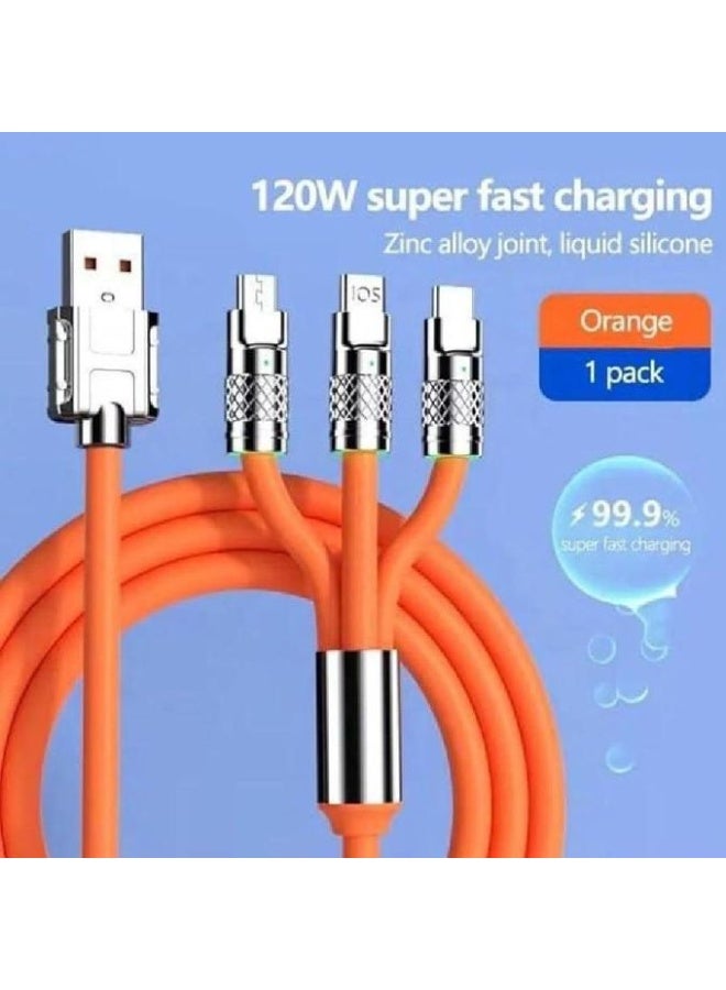 كابل شحن فائق السرعة 3 في 1 بقوة 120 واط | سلك مضفر بالنايلون عالي المتانة بطول 2 متر | شاحن عالمي متعدد المنافذ (Lightning, Type-C, Micro USB) - Image 3