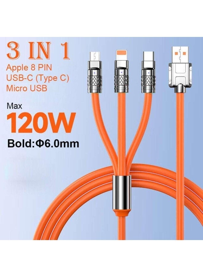 كابل شحن فائق السرعة 3 في 1 بقوة 120 واط | سلك مضفر بالنايلون عالي المتانة بطول 2 متر | شاحن عالمي متعدد المنافذ (Lightning, Type-C, Micro USB) - Image 5
