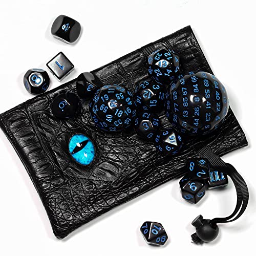 Poludie 15 Pieces Complete Polyhedral DND Dice Set D3-D100 Spherical D&D Dice Set with Dragon Eye Dice Bag, D100 Dice for RPG Table Games(Black w/Blue Numbers) - Image 2