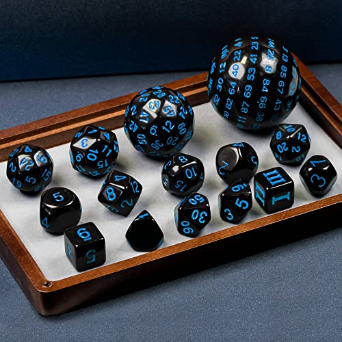 Poludie 15 Pieces Complete Polyhedral DND Dice Set D3-D100 Spherical D&D Dice Set with Dragon Eye Dice Bag, D100 Dice for RPG Table Games(Black w/Blue Numbers) - Image 4