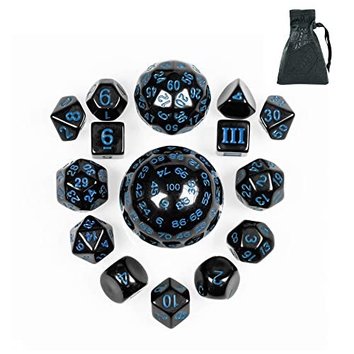 Poludie 15 Pieces Complete Polyhedral DND Dice Set D3-D100 Spherical D&D Dice Set with Dragon Eye Dice Bag, D100 Dice for RPG Table Games(Black w/Blue Numbers) - Image 1