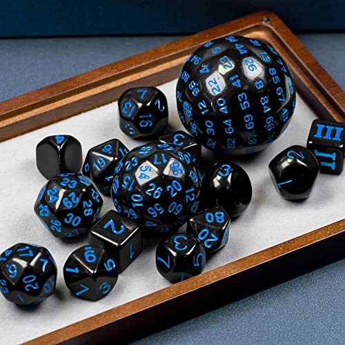 Poludie 15 Pieces Complete Polyhedral DND Dice Set D3-D100 Spherical D&D Dice Set with Dragon Eye Dice Bag, D100 Dice for RPG Table Games(Black w/Blue Numbers) - Image 3