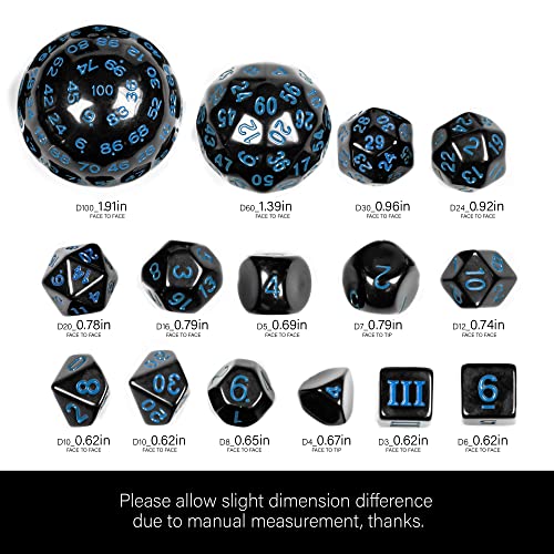 Poludie 15 Pieces Complete Polyhedral DND Dice Set D3-D100 Spherical D&D Dice Set with Dragon Eye Dice Bag, D100 Dice for RPG Table Games(Black w/Blue Numbers) - Image 5