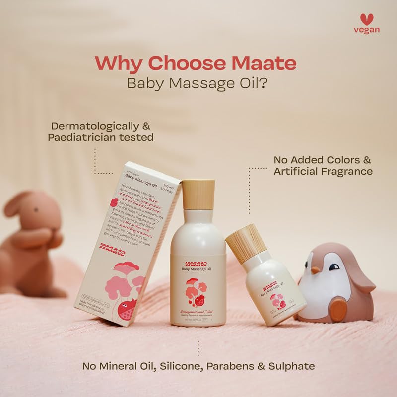 Maate Baby Massage Oil (Pack of 2*150ml) | Massage Oil for Newborn Baby & Kids | Enrich Brahmi & Pomegranate Seed Oil | Light & Non-Sticky | Baby Massage Oil 0-12yr | Gentle Baby's Skin | Cruelty-Free - Image 4