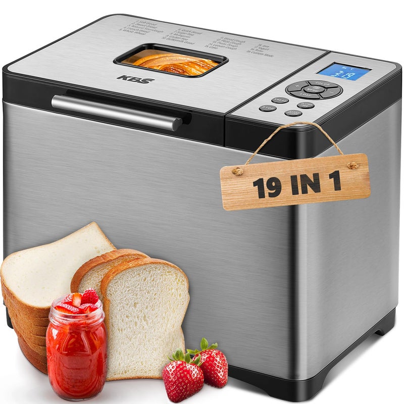KBS 2LB Bread Maker, 19-in-1 Automatic Bread Machine Stainless Steel with Ceramic Pan,15H Timer&1H Keep Warm, Sourdough, Gluten-Free, 650W Bread Maker Machine with 3 Loaf Sizes 3 Crust Colors, Recipes - Image 1