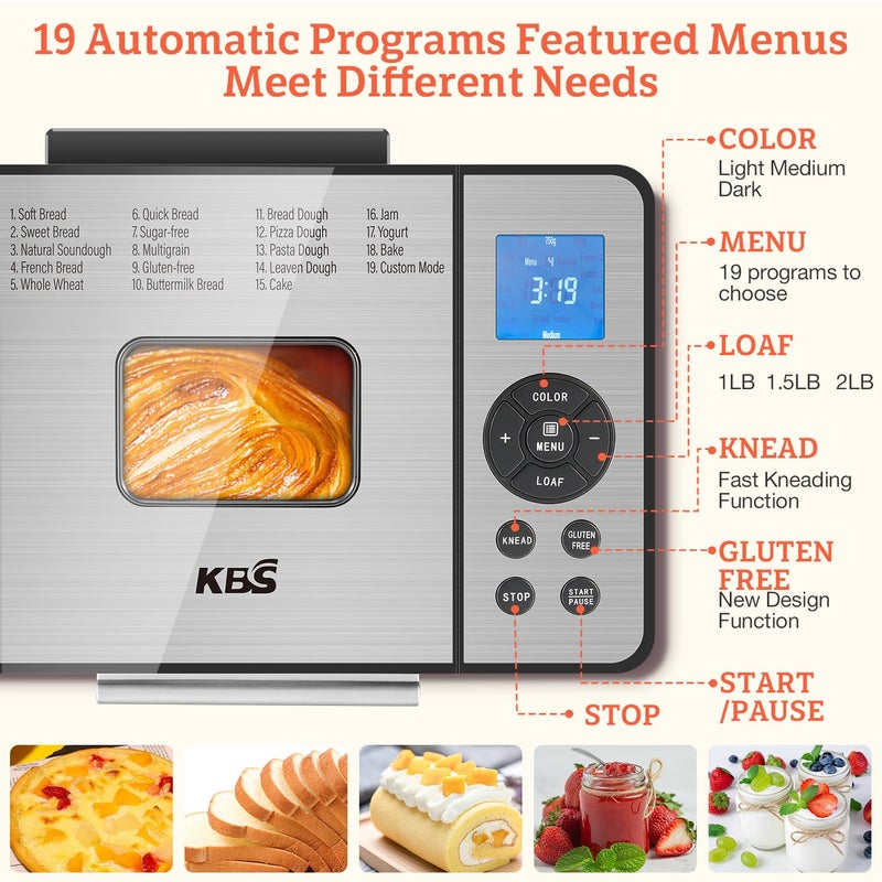 KBS 2LB Bread Maker, 19-in-1 Automatic Bread Machine Stainless Steel with Ceramic Pan,15H Timer&1H Keep Warm, Sourdough, Gluten-Free, 650W Bread Maker Machine with 3 Loaf Sizes 3 Crust Colors, Recipes - Image 2