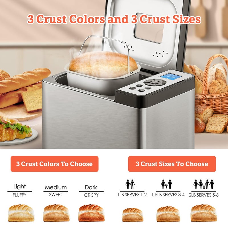 KBS 2LB Bread Maker, 19-in-1 Automatic Bread Machine Stainless Steel with Ceramic Pan,15H Timer&1H Keep Warm, Sourdough, Gluten-Free, 650W Bread Maker Machine with 3 Loaf Sizes 3 Crust Colors, Recipes - Image 3