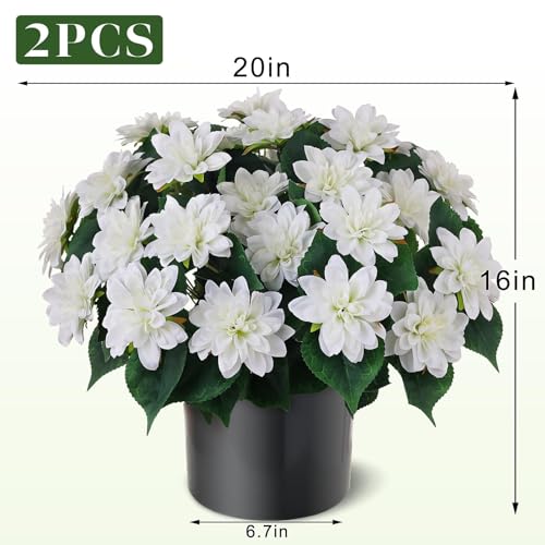 VIERENA 2 Set of Artificial Dahlia Topiary Ball Trees - Fake Silk Dahlia Flower Bushes, UV Resistant Faux Floral Shrub Potted for Front Door Porch Farmhouse Wedding Outdoor Decor (White) - Image 5