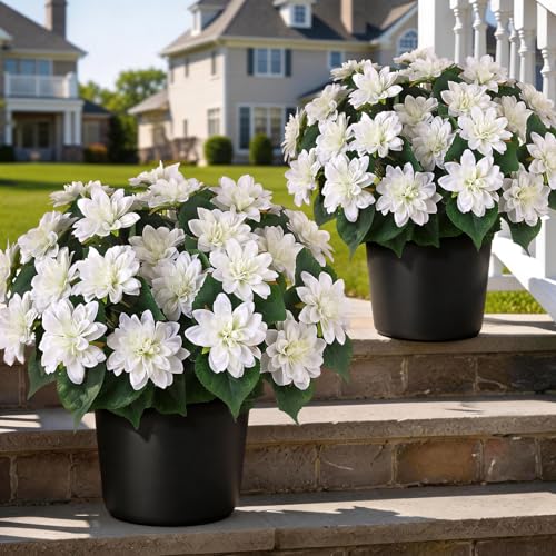VIERENA 2 Set of Artificial Dahlia Topiary Ball Trees - Fake Silk Dahlia Flower Bushes, UV Resistant Faux Floral Shrub Potted for Front Door Porch Farmhouse Wedding Outdoor Decor (White) - Image 1
