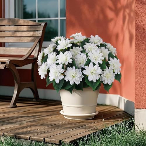VIERENA 2 Set of Artificial Dahlia Topiary Ball Trees - Fake Silk Dahlia Flower Bushes, UV Resistant Faux Floral Shrub Potted for Front Door Porch Farmhouse Wedding Outdoor Decor (White) - Image 4