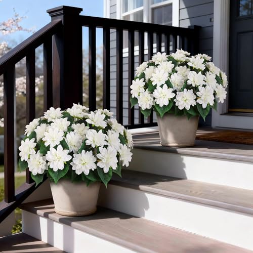 VIERENA 2 Set of Artificial Dahlia Topiary Ball Trees - Fake Silk Dahlia Flower Bushes, UV Resistant Faux Floral Shrub Potted for Front Door Porch Farmhouse Wedding Outdoor Decor (White) - Image 2