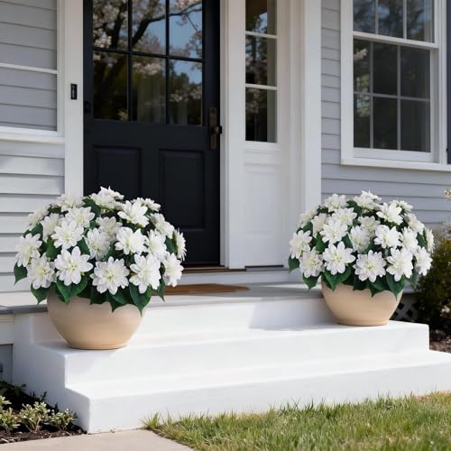 VIERENA 2 Set of Artificial Dahlia Topiary Ball Trees - Fake Silk Dahlia Flower Bushes, UV Resistant Faux Floral Shrub Potted for Front Door Porch Farmhouse Wedding Outdoor Decor (White) - Image 3