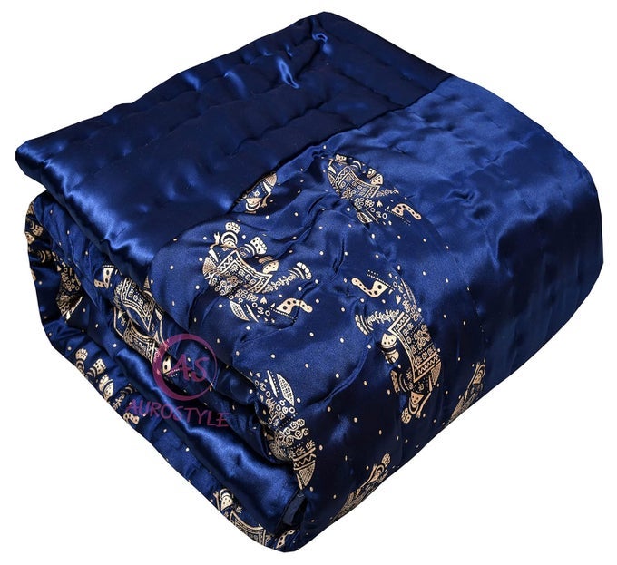 RAJASTHANI COTTON FILLED LIGHT WEIGHT SILK SOFT JAIPURI AC QUILT DOHAR OVER ALL FLORAL PRINT DESIGN BLANKETS FOR HOME 85X100 INCHBLUE ELEPHANT PRINT DOUBLE BED