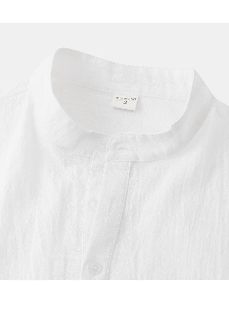 قميص رجالي صيفي من القطن والكتان بأكمام قصيرة وياقة واقفة وقميص شاطئ كاجوال ملابس رجالية - Image 5