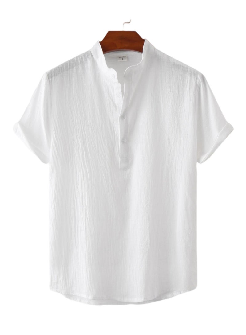 قميص رجالي صيفي من القطن والكتان بأكمام قصيرة وياقة واقفة وقميص شاطئ كاجوال ملابس رجالية - Image 1