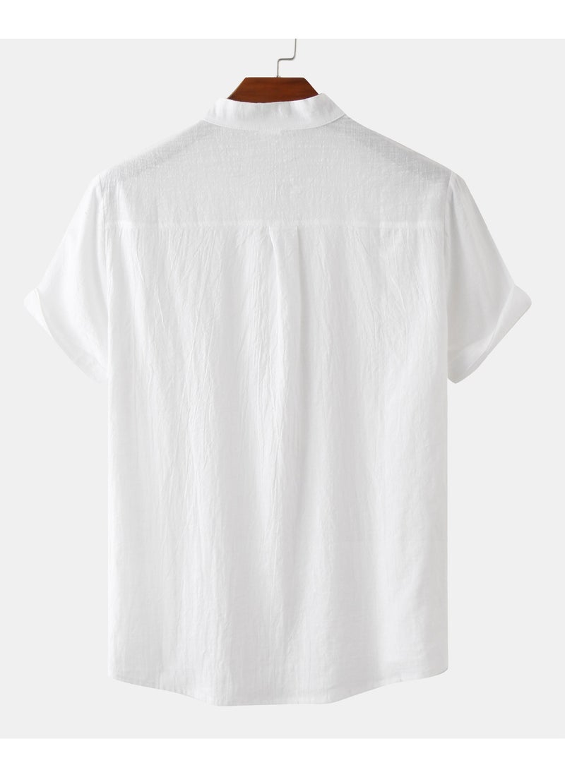 قميص رجالي صيفي من القطن والكتان بأكمام قصيرة وياقة واقفة وقميص شاطئ كاجوال ملابس رجالية - Image 2