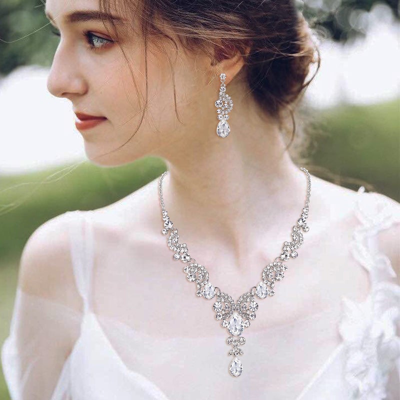 EVER FAITH Wedding Jewelry Sets for Brides Rhinestone Crystal Bridal Floral Wave Teardrop Necklace Earrings Set Clear - Image 2