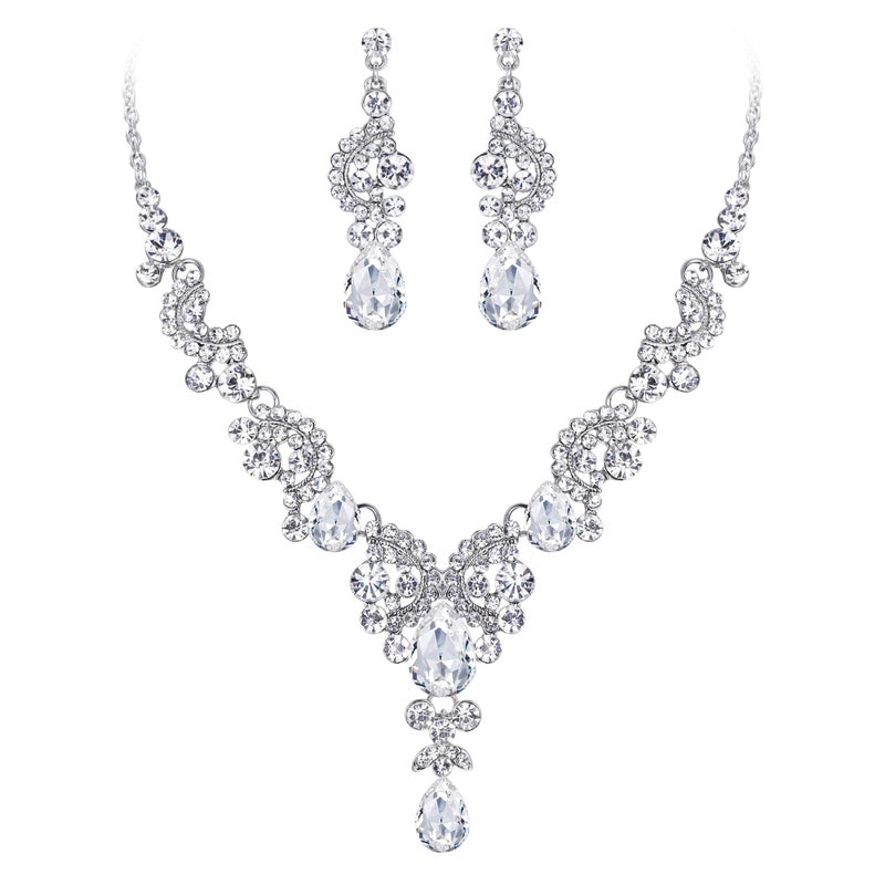 EVER FAITH Wedding Jewelry Sets for Brides Rhinestone Crystal Bridal Floral Wave Teardrop Necklace Earrings Set Clear - Image 1